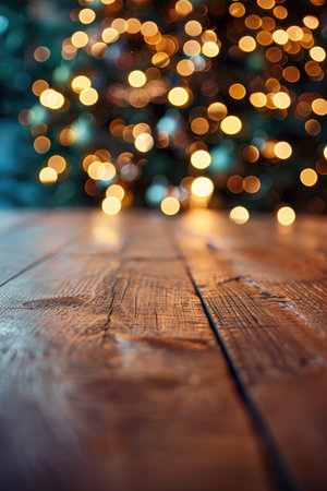 A wooden table with a blurry background of golden lights, creating a festive and warm ambiance.の素材