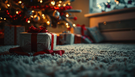 A silver gift box with a red bow lies under a Christmas tree with lights and ornaments.の素材