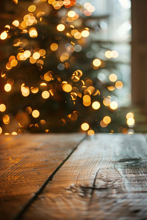 A wooden tabletop with a blurred background of a Christmas tree with golden lights.の素材
