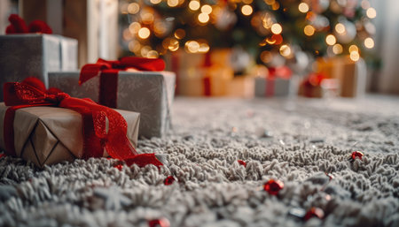 A close-up shot of wrapped Christmas presents with red ribbons on a fluffy rug, with blurred Christmas lights and ornaments in the background.の素材
