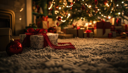 A close-up of a beautifully wrapped Christmas gift box with a red bow, positioned on a fuzzy surface under a lit Christmas tree.の素材