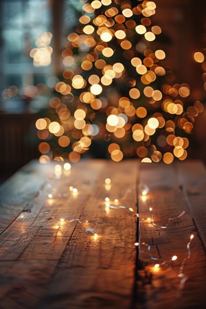 A wooden table with string lights, set against a blurred background of a Christmas tree with glowing lights.の素材