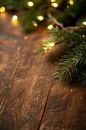 A close-up of a rustic wooden surface with an evergreen branch and blurred festive lights, creating a warm and cozy atmosphere.の素材