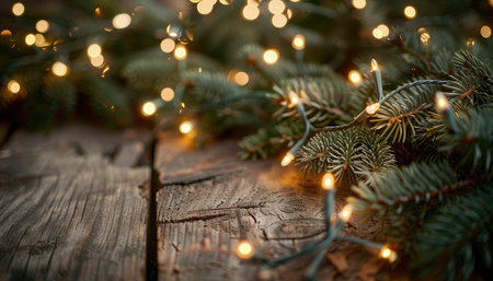 A close-up image of rustic wood with pine branches adorned with twinkling Christmas lights.の素材