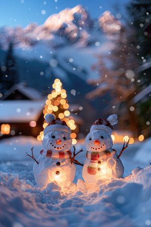 Two snowmen illuminated from within stand in the snowy landscape at dusk.の素材