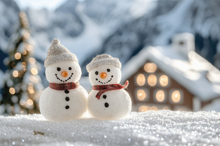 Two snowmen with smiles and hats stand together in a snowy landscape, a decorated house and a Christmas tree in the background.の素材