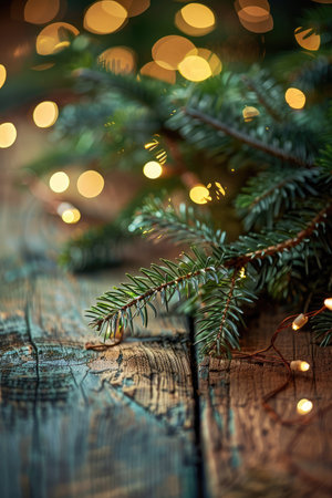 A close-up of a pine branch resting on a rustic wooden surface, illuminated by warm golden bokeh lights.の素材