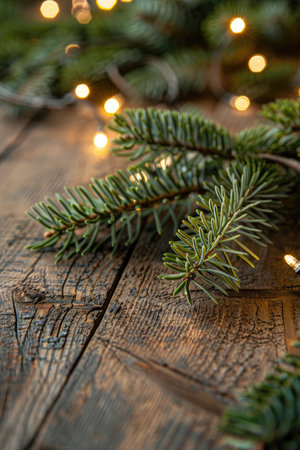 A close-up of an evergreen branch resting on a rustic wooden surface with soft, warm light bokeh.の素材