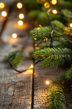 A close-up of pine branches adorned with string lights, resting on a rustic wooden surface.の素材