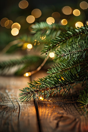 A close-up of an evergreen branch with warm lights on a rustic wooden background.の素材