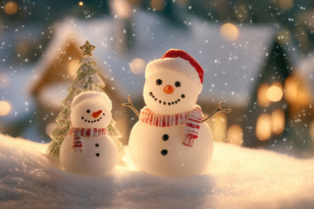 Two snowmen stand in a snowy landscape against a background of blurry lights and a small Christmas tree.の素材