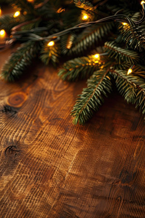 A close-up shot of a single evergreen branch draped with fairy lights against a rustic wooden background.の素材