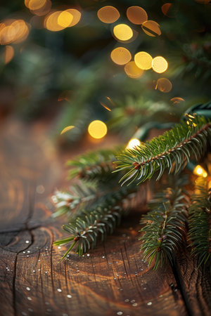 A close-up of pine sprigs with golden bokeh in the background on a wooden surface.の素材