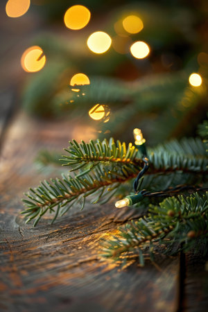 A close-up image of a single Christmas light on a pine branch, with blurred bokeh lights in the background.の素材