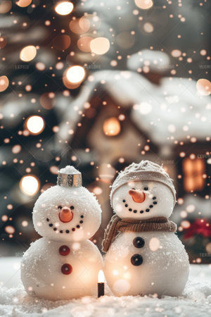 A close-up of two snowmen standing side by side in a snowy winter setting, illuminated by warm lights and surrounded by a magical atmosphere.の素材