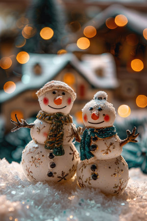 Two snowmen figurines adorned with gold and green accents, standing on a white snowy surface against a bokeh background of twinkling lights.の素材