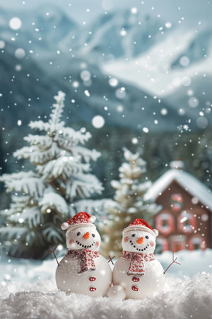 Two snowmen, in red hats and scarves, stand in the snow in front of a snowy forest and a gingerbread house.の素材