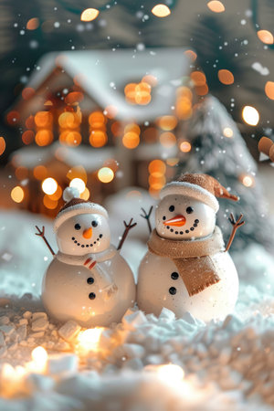 A close-up shot of two snowmen standing in a snowy scene with warm lights and falling snow.の素材
