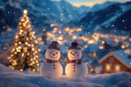 A picturesque winter scene with two snowmen standing in front of a glowing Christmas tree, amidst a snowy landscape with a village in the background.の素材