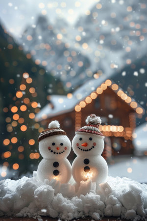 Two smiling snowmen stand in the snow in front of a cozy cottage with twinkling Christmas lights.の素材