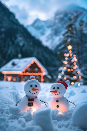 Two snowmen with glowing lights stand in the snow before a mountain cabin and a Christmas tree decorated with lights.の素材