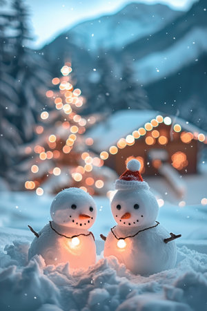 Two snowmen standing in the snow illuminated by warm Christmas lights.の素材