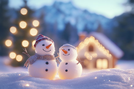 Two snowmen stand in a snowy landscape with a blurred Christmas tree and cabin in the background.の素材