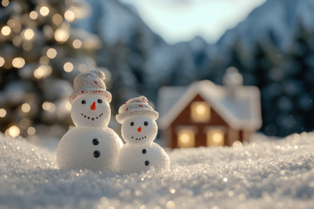 Two snowmen stand together in a snowy landscape with a cozy house in the background.の素材
