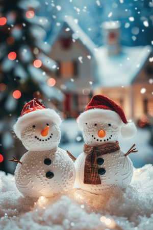Two snowmen adorned in red hats stand in a snowy landscape before a warmly lit house.の素材