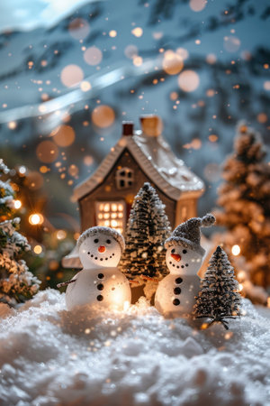A miniature winter scene with two snowmen standing next to a Christmas tree in front of a small house.の素材