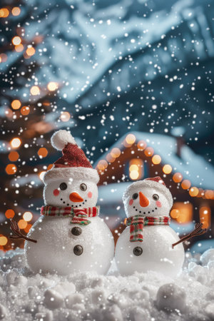 Two snowmen dressed in festive attire stand in a snowy winter scene with Christmas lights in the background.の素材