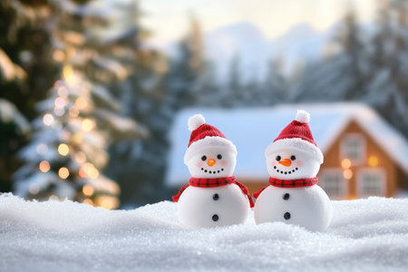 Two small snowmen in red Santa hats and scarves stand in fresh snow in a winter scene.の素材