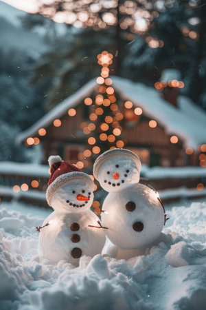 Two snowmen stand together in the snowy landscape, a festive cabin with lights in the background.の素材