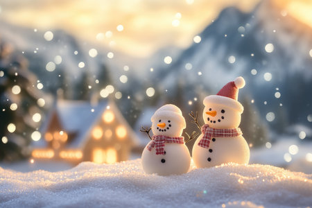 Two snowmen with red and white scarves stand in the snow against a snowy winter backdrop.の素材