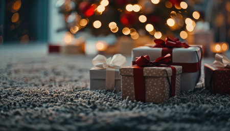 A close-up view of Christmas gifts wrapped in red and white paper with bows, lying on a carpet with a blurry Christmas tree in the background.の素材
