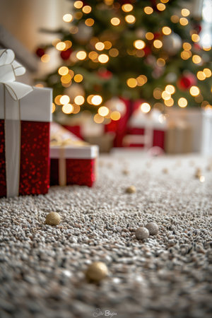 Close-up of Christmas presents under a decorated tree with bokeh lights, focusing on golden ornaments scattered on the carpet in the foreground.の素材