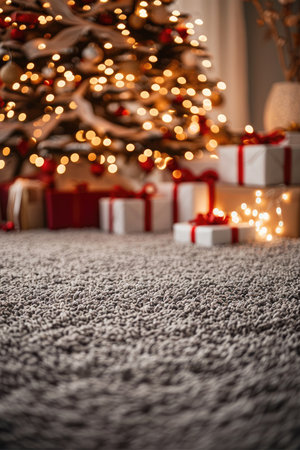 A close-up shot of a shaggy grey carpet with blurred Christmas lights and presents in the background.の素材