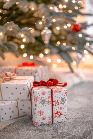 Christmas presents wrapped in white paper with red bows lie under a decorated Christmas tree with twinkling lights.の素材