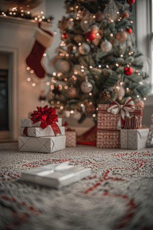 A stack of wrapped presents sits under a decorated Christmas tree, with the focus on the presents in the foreground.の素材