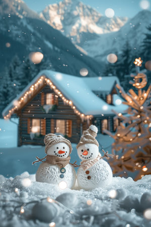 Two snowmen stand in the snow with a cozy cabin and a Christmas tree in the background.の素材