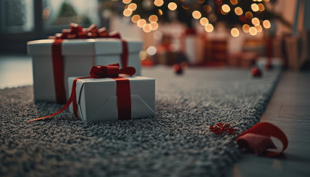 Two white gift boxes adorned with red ribbons sit on a gray carpet, against a blurred background of Christmas lights.の素材