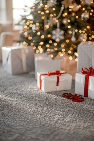 White gift boxes adorned with red ribbons are placed under a Christmas tree with twinkling lights.の素材