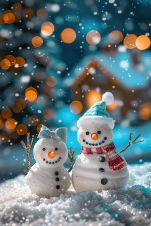 Two snowmen with cheerful expressions stand in the snow against a blurred winter scene.の素材