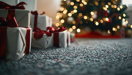 Closeup of Christmas presents wrapped in white paper with red bows sitting under a decorated Christmas tree, with the focus on the floor.の素材