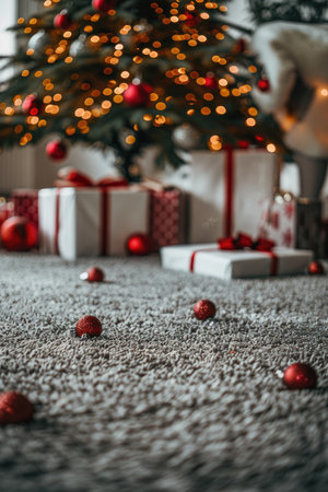 A close-up view of a fuzzy carpet with red ornaments scattered on it, the background is a blurred Christmas tree with lights and presents.の素材