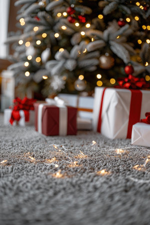 Christmas presents wrapped in red and white ribbon are placed under a decorated Christmas tree.の素材