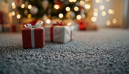 A close-up shot of two Christmas gifts, one red and one silver, lying on a gray carpet with a blurred background of Christmas lights.の素材