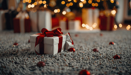 A close-up of a white gift box with a red ribbon bow, sitting on a fuzzy gray rug with blurred Christmas decorations in the background.の素材