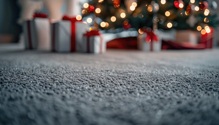 A close-up shot of a gray carpet with blurred Christmas presents and lights in the background.の素材