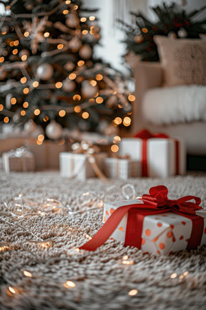 A wrapped Christmas present with a red ribbon sits on a furry rug under a decorated Christmas tree with string lights.の素材